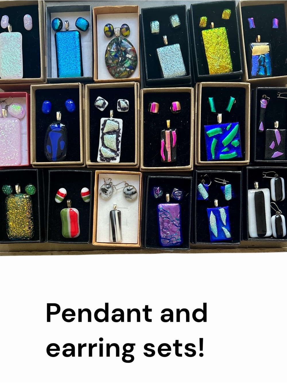 Custom made by Lasting Impression Design: Fused glass pendant and earring sets